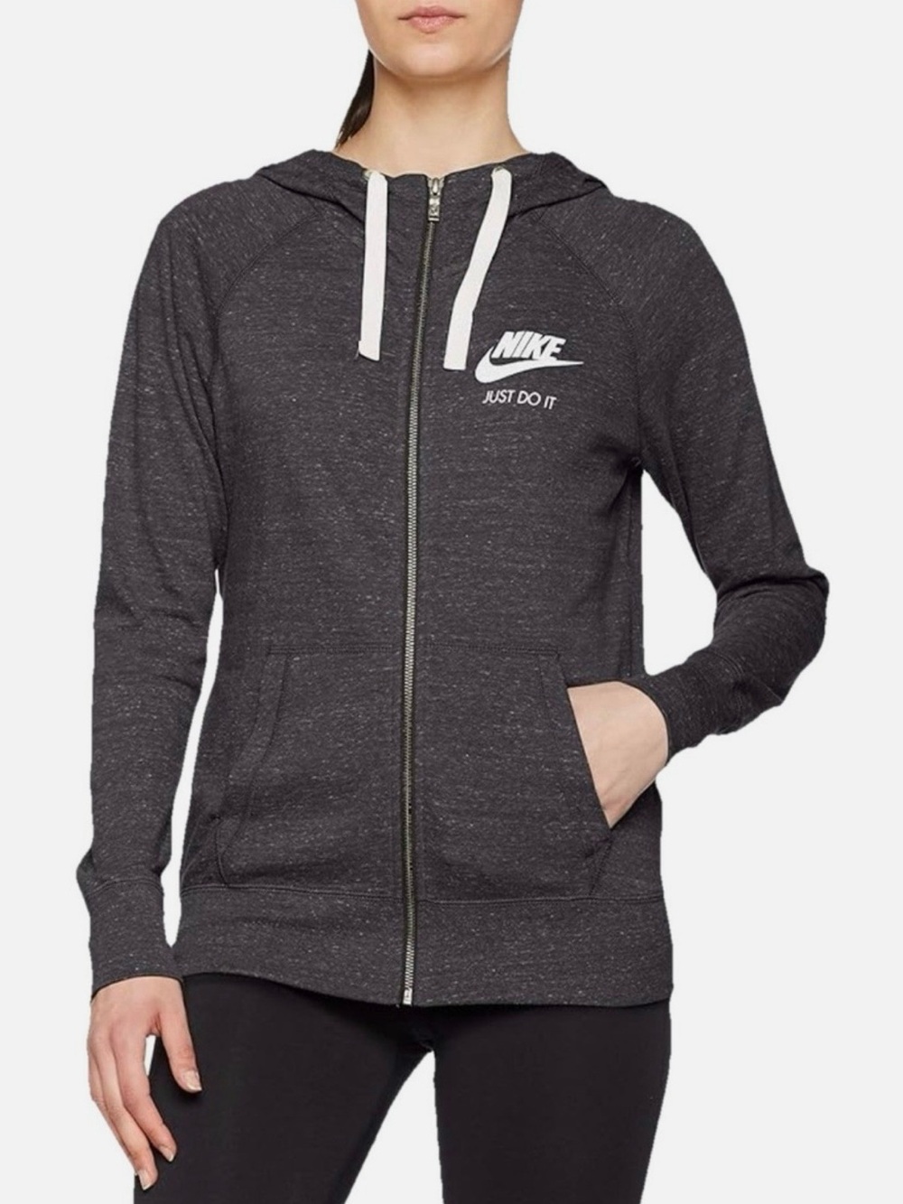 Nike Women's XL Gym Vintage Full Zip Drawstring Hoodie Just Do It Charcoal Black
